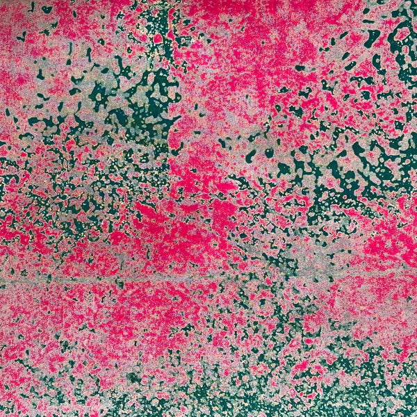 The African Fabric Wax Batik #2023 features a textured abstract design reminiscent of hand-stamped batik, showcasing vibrant pink, green, and light gray. Its pattern resembles splattered paint, creating an organic marbled effect across the surface.