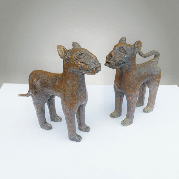 Pair Vintage Bronze Benin Leopard Figures - Ananse Village