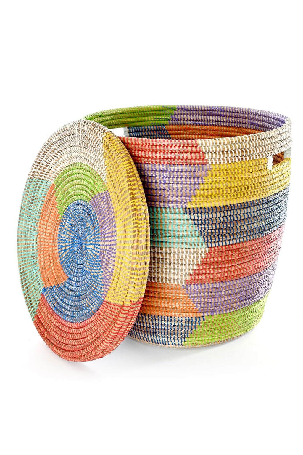 Wide Stripe Rainbow Lidded Storage Basket From Senegal - Ananse Village