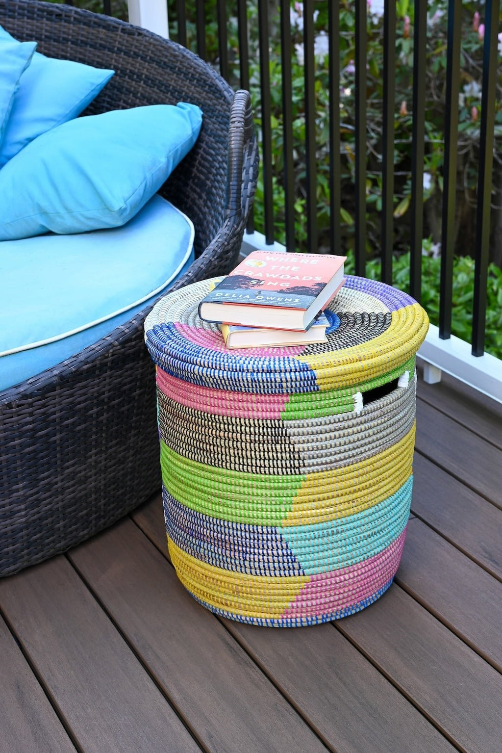 Wide Stripe Rainbow Lidded Storage Basket From Senegal - Ananse Village