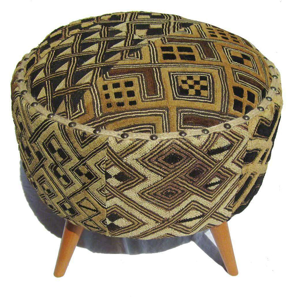 Congolese Kuba Cloth Upholstered Foot Stool #43,Kuba Cloth,,Ananse Village