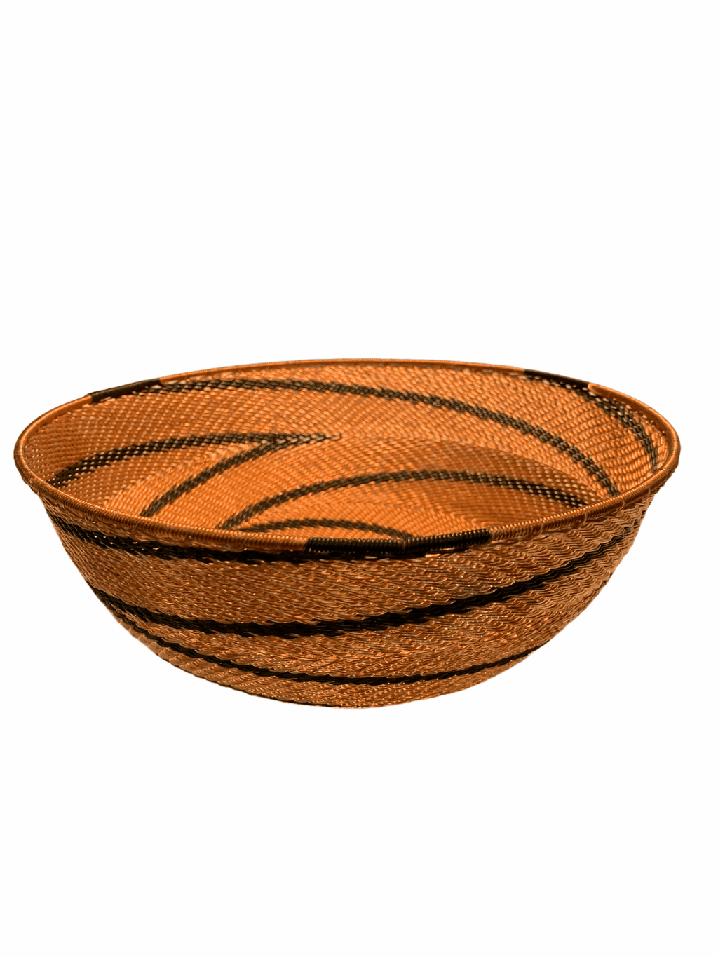 handmade basket inspired by South African art, showcasing an orange and black pattern with curved diagonal stripes